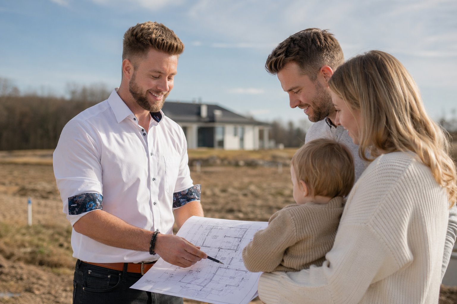 Familie beim Bauprojekt auf ihrem Grundstück